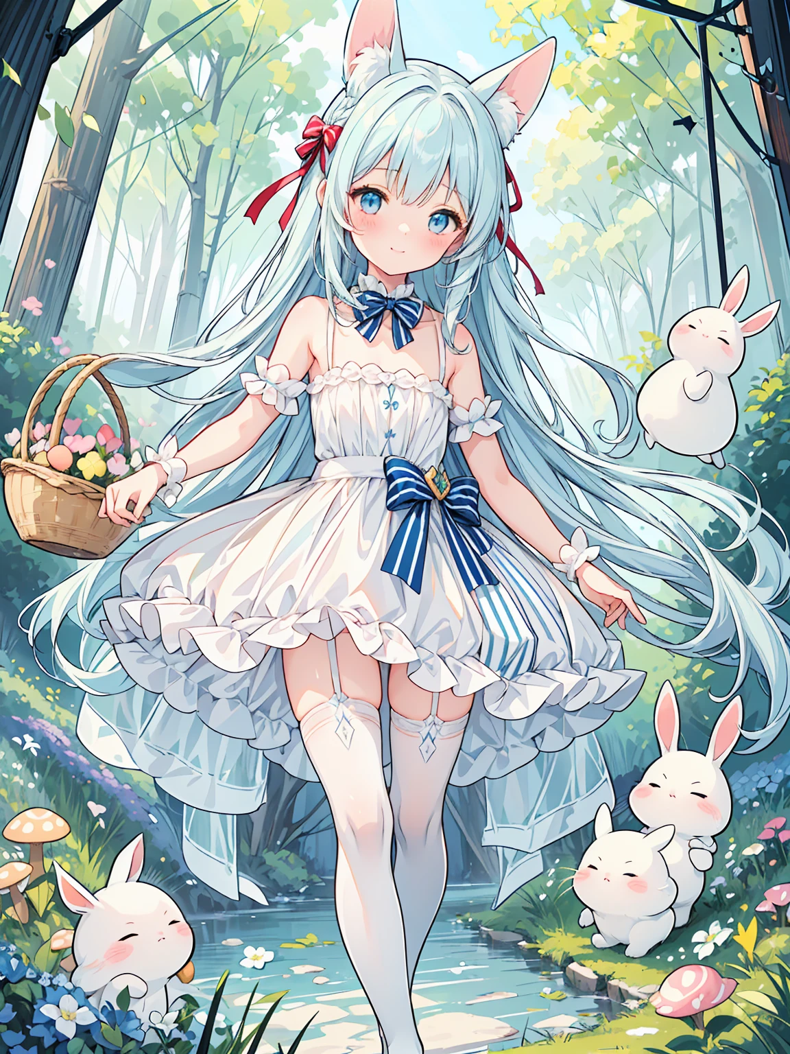 masterpiece, best quality, extremely detailed, (illustration, official art:1.1), 1 girl ,(((( light blue long hair)))), light blue hair, ,10 years old, long hair ((blush)) , cute face, big eyes, masterpiece, best quality,(((((a very delicate and beautiful girl))))),Amazing,beautiful detailed eyes,blunt bangs((((little delicate girl)))),tareme(true beautiful:1.2), sense of depth,dynamic angle,,,, affectionate smile, (true beautiful:1.2),,(tiny 1girl model:1.2),)(flat chest)),
masterpiece, highres, best quality,1girl, smile, alice in wonderland, dress, (forest), (flowers:0.8), (butterfly:0.6), (bunny ears), fairy tale, mushroom, atmospheric, basket, easter eggs, ((striped stockings)), red ribbons