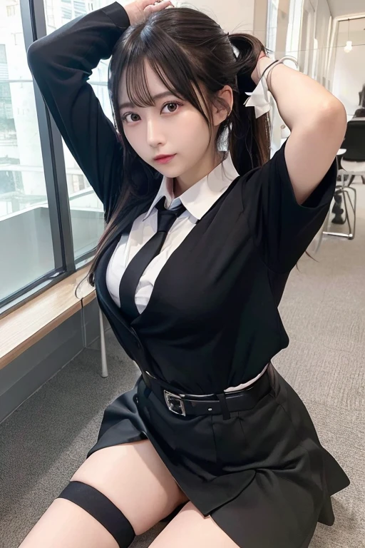 (Tabletop:1.2),high quality,Bright colors,Flat Color,The depth of the written world,Lens flare,1 girl,Black Hair,eye contact,suit,Collared shirt,Belt Bag,suspenders,Professional,office lady,Office Lady,Black tight skirt garter belt knee length stocking heels,Twin tails, black they are not カラコン Armpit sweat sweating ,Waki soup,Sides of both hands,Black jacket,sight,Ample breasts,Armpit sweat,Exposing your armpits"Tight fitting clothes Interparial
