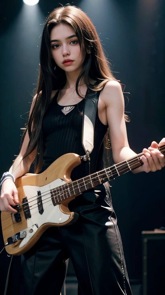 A long wavy brunette haired mexican girl, blue eyes, 15 years, young, pale skin, slender body, small breast, tiny chest, Ultra high res, uhd, (photorealistic:1.4), doll-like face, wearing black sleeveless tight shirt and long baggy pants, gloves, playing bass, performing on a stage