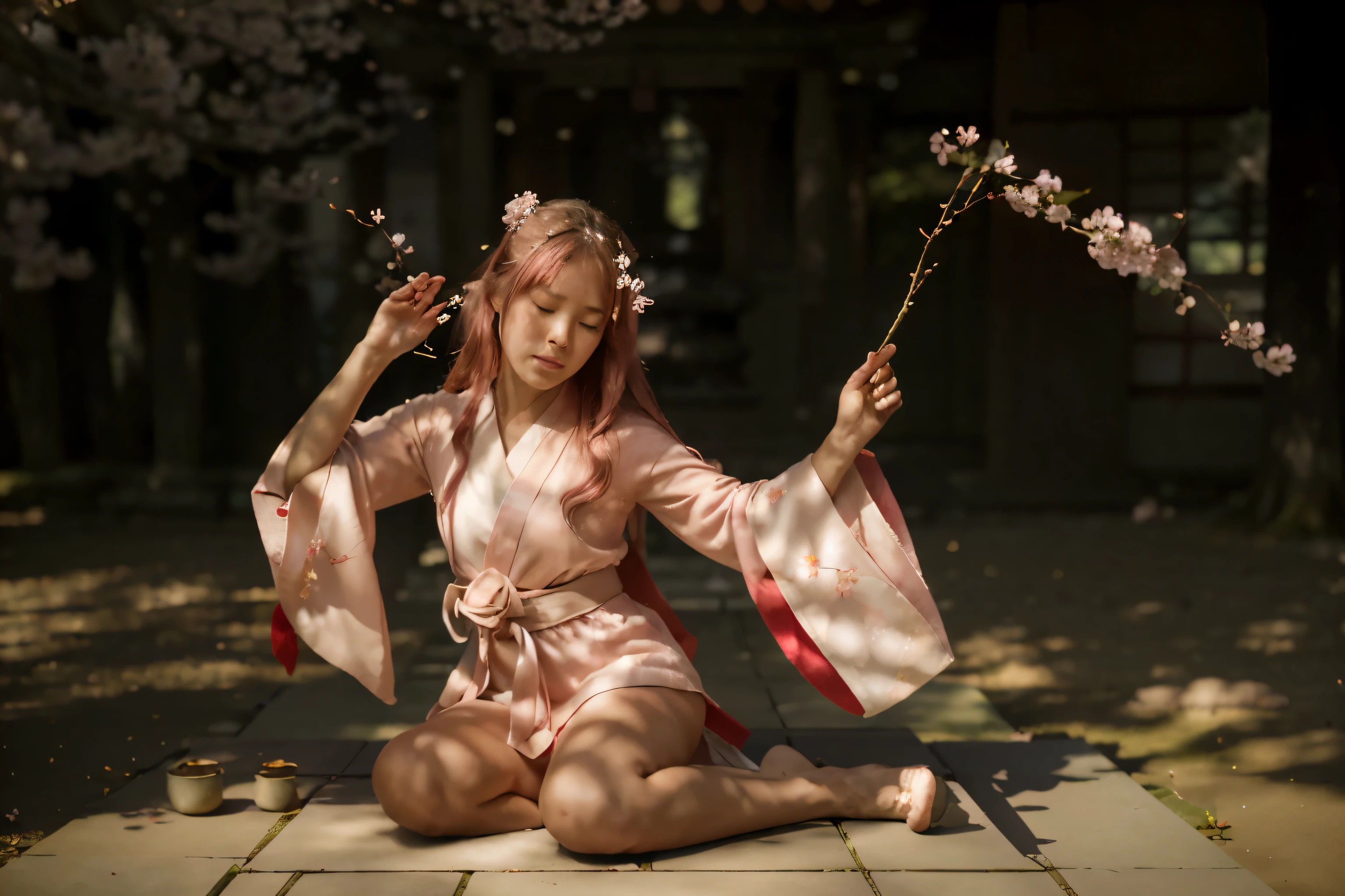 (Best quality, 8k, 32k, Masterpiece, UHD:1.2) Transform the setting into the majestic Grand Narukami Shrine from Genshin Impact, surrounded by a sea of Sakura Trees in full bloom. Picture the ethereal pink petals drifting gently on the breeze, creating a breathtaking canopy above the shrine's ancient architecture. The air is filled with the sweet fragrance of cherry blossoms, while the soft sunlight filters through the delicate branches, casting a warm glow over the serene surroundings. As you stand before the shrine, you can't help but feel a sense of reverence and awe at the beauty of nature and the tranquility of this sacred place. ((Japense Shrine)) ((Cherry Blossom))