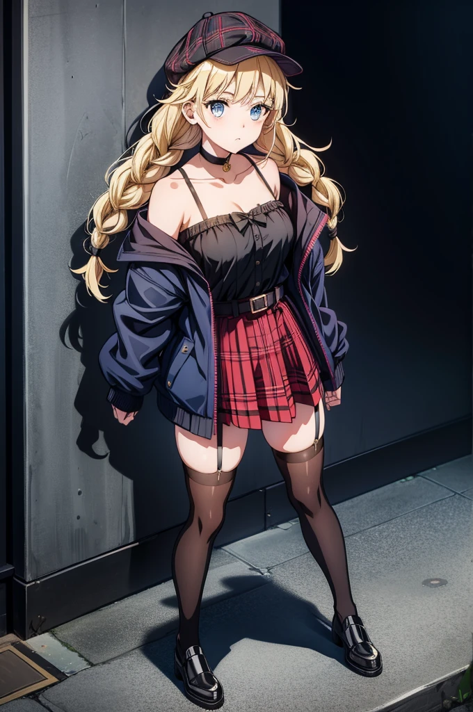 a person wearing very short skirt and coat standing on a concrete surface, 1girl, thighhighs, solo, skirt, blonde hair, blue eyes, braid, jacket, hat, black thighhighs, off shoulder, plaid skirt, garter straps, long hair, choker, pleated skirt, collarbone, belt, plaid