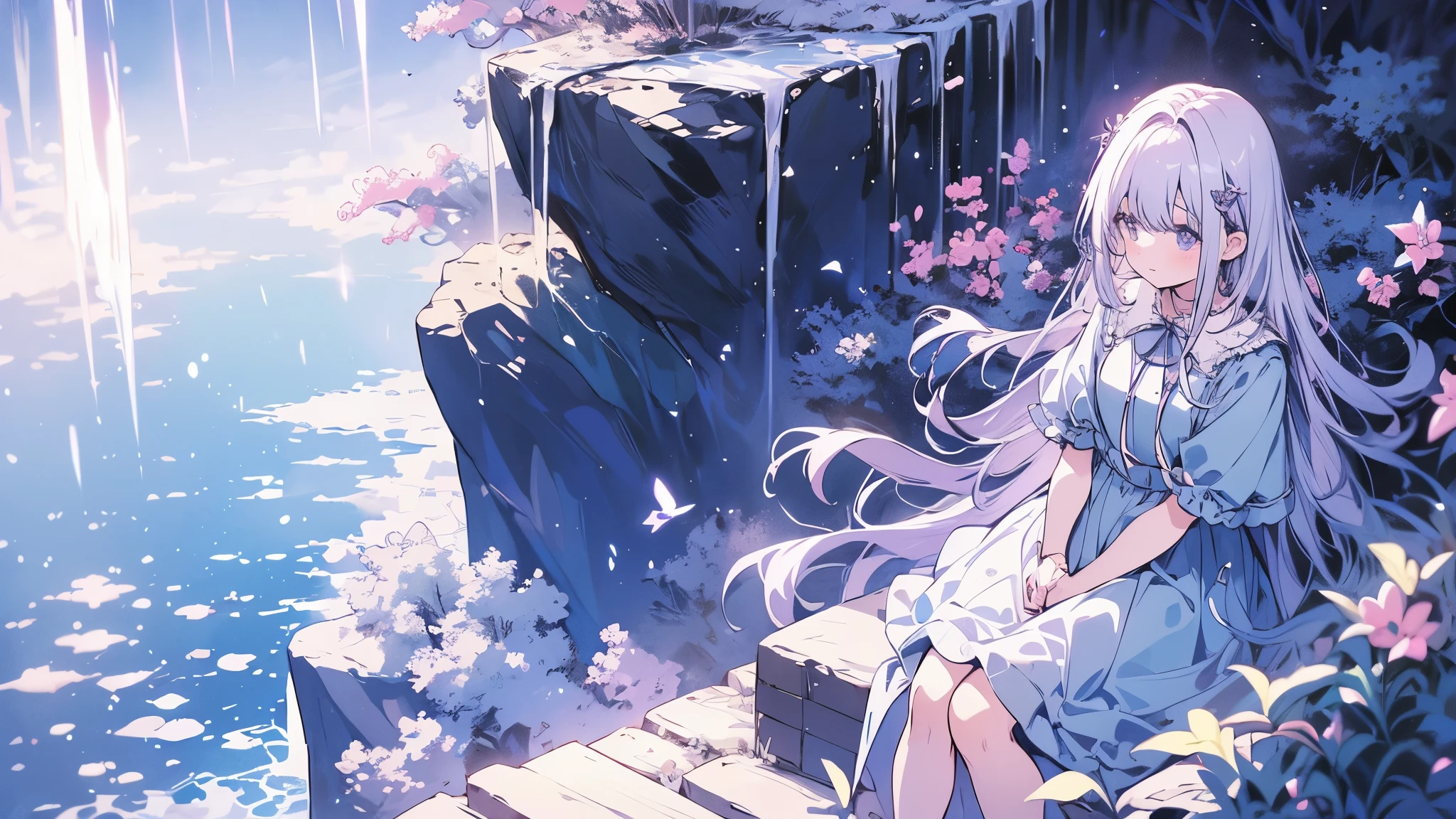 a very dark night, Anime Girl, light blue dress, white with a hint of light purple hair, sitting by the river, forest, darkness, nature, current, the grass glows blue.