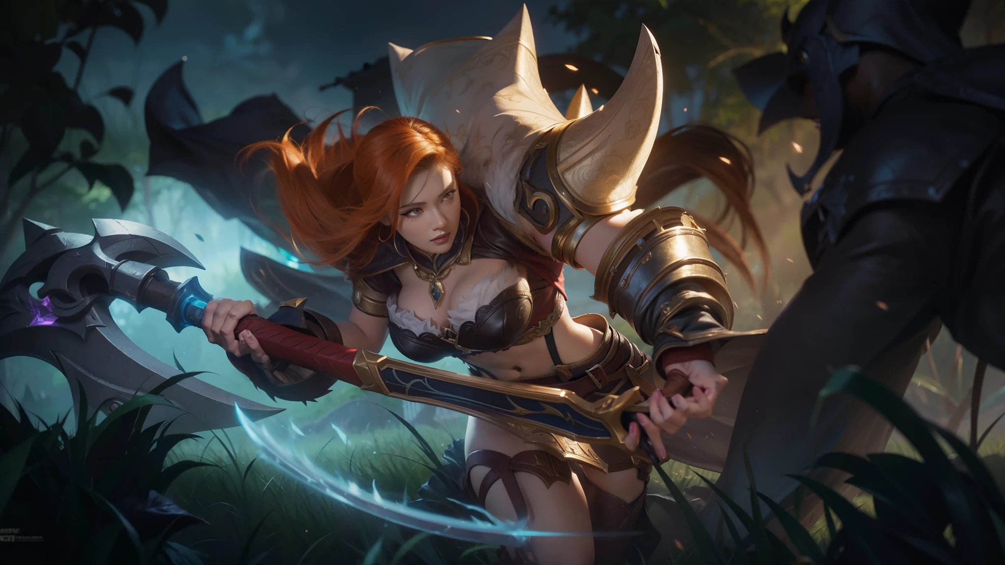 Close up of woman holding sword in field, League of Legends style art, Catalina, League of legends characters art, official splash art, League of Legends Illustrations, League of Legends Art style, League of Legends Fortune, character splash art, League of Legends Art, splash art, League of legends characters, iconic character splash art