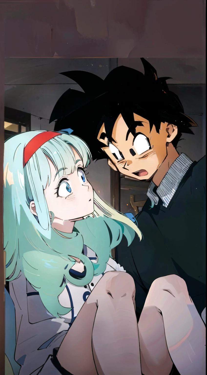 Man carrying girl in his arms, encarando, olhos nos olhos, timidez, estilo Dragon Ball