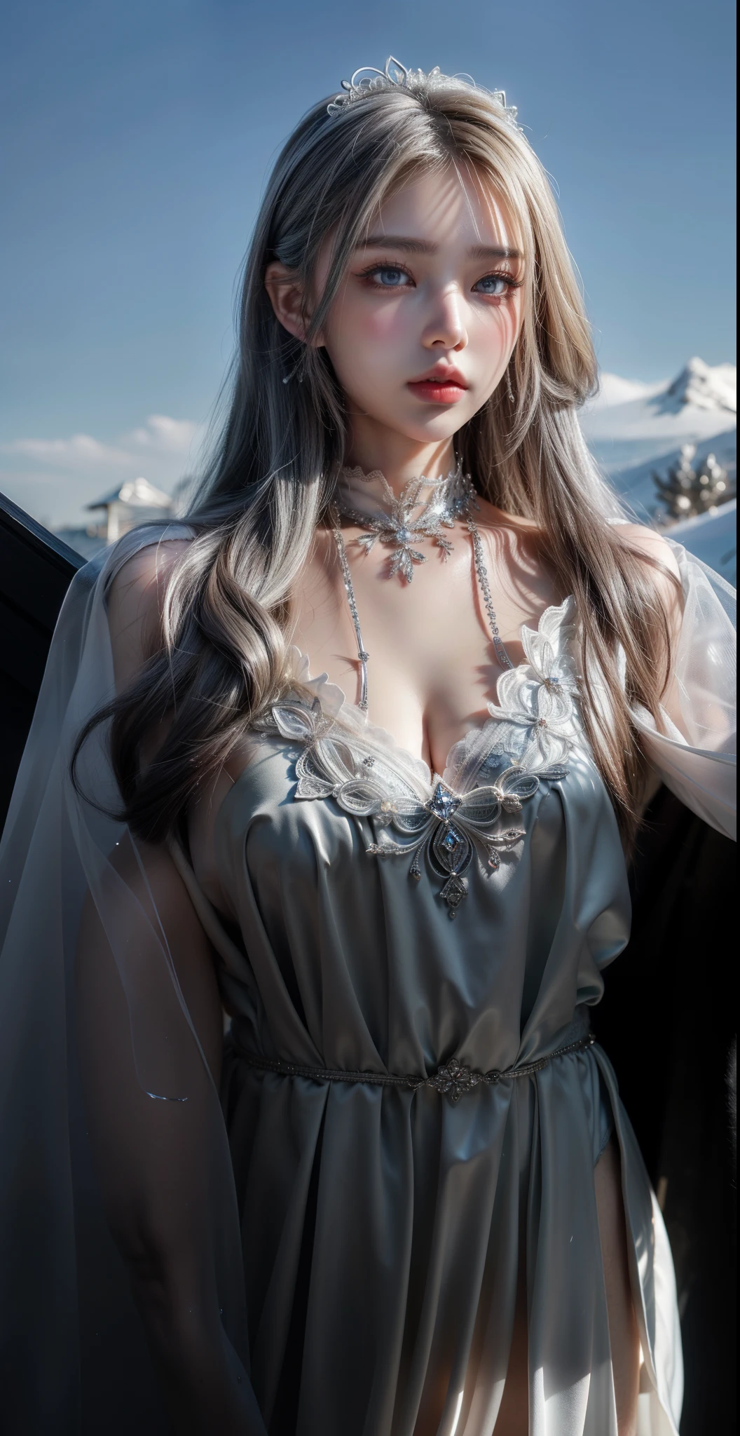 8K, ultra HD, masterpiece, realistic, 1 girl, good face, smoggy makeup, very long hair, princess hairstyle, detailed eyes, detailed lips, medium figure, very detailed dress, (silver dress:1.5), (strap:1.5), (lace:1.5), (net stocking:1), (jewelry:1.8), (disney castle), night sky, water, bloom lighting, night lighting, darkness, attractive poses,