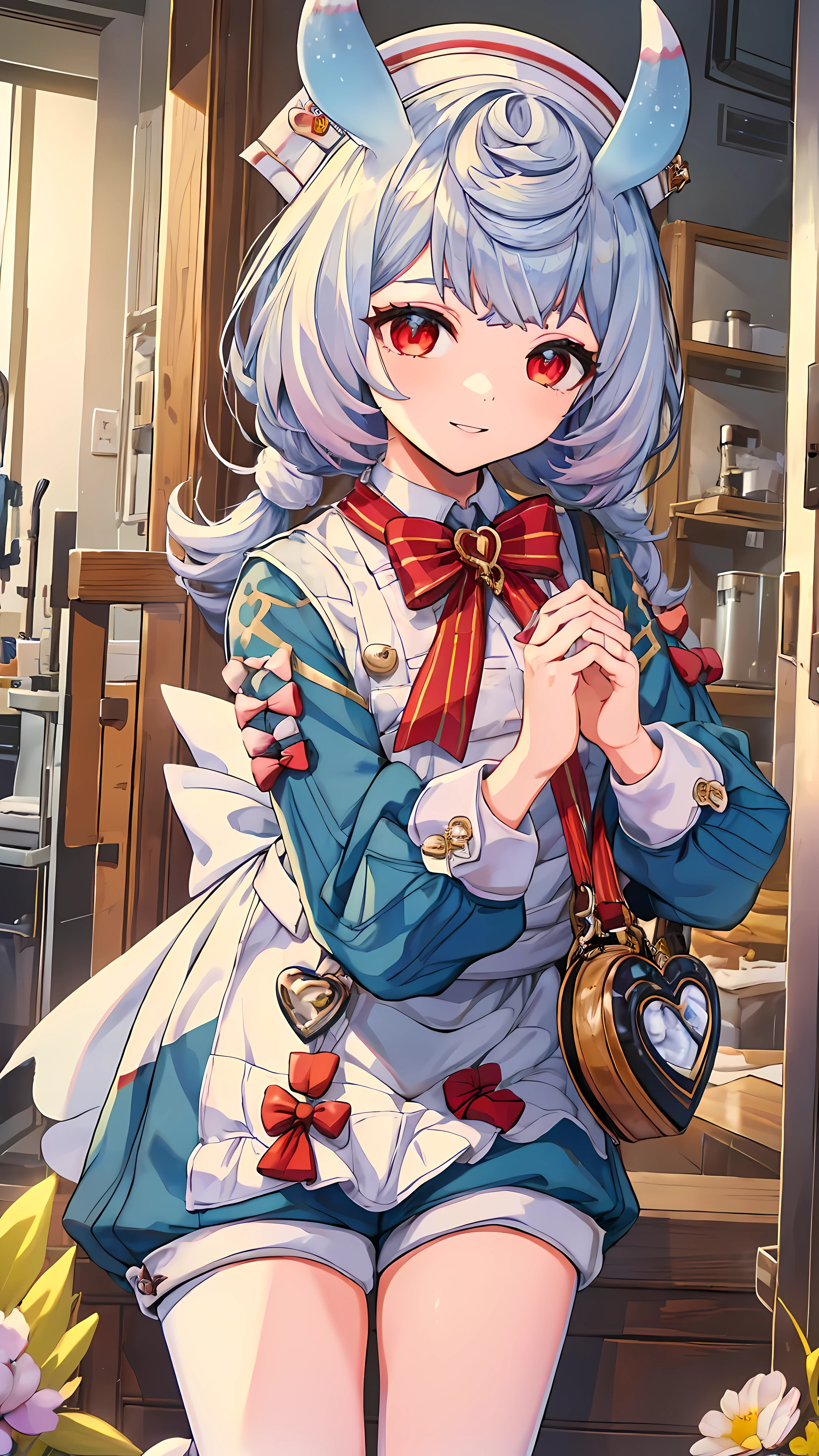 ((masterpiece,highest quality)), Super detailed, Shine, shine light, (Perfect Face, Detailed face, Fine grain, Perfect hands, Perfect Fingers:1.5), hd, Super cute face, highest quality, Super detailed, shine eyes,, Shigewin, View your viewers, One girl,, Red eyes, (White knee socks), Open your mouth, bow, White gloves, smile, Long sleeve, reaching towariss viewer, :is, reis bow on apron, blue bow on apron, White apron, reis bowtie, green shirt, Black shorts, heart-shapeis bag, white collar, collareis shirt, wingeis waist bow, white waist bow,, ((Hospital room)), medical equipment, (Complex background, There are many elements in the background:1.2),((Super detailed background)), ((8K wallpaper)),, colorful background