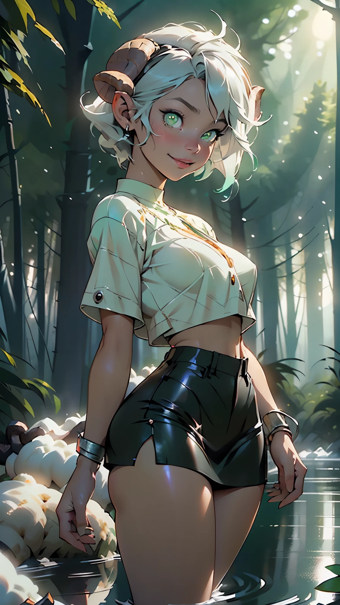 ((Sheep girl, sheep horns)),girl((with sheep's horns:1.5)),weresheep, (monster girl),Cute young woman,
(large breasts:1.4),((short hair tan fluffy, hair tan floppy)),(((light_green_eyes:1.3))),intricate eyes,beautiful detailed eyes,symmetrical eyes,sparkling green eyes,((((lustrous skin:1.5,tanned skin,bright skin: 1.5,skin tanned,shiny skin,very shiny skin,shiny body,Reflective skin)))),(spider lower abdomen,narrow waist,wide hip,athletic body,inflated legs,thick thighs,(detailed face)),beautiful detailed lips,
(cute,slutty,sensual,seductive look,seductive,((erotic)),opulent,sumptuous,longingly,((nsfw))),
((white crop top tan miniskirt)),
(dynamic pose:1.0),happy smiling,(centered,scale to fit dimensions,Rule of thirds),
((snowy pine forest at night, dark forest, swamp, murky water, foggy, creepy aura, eerie atmosphere)),with dark stormy clouds,winter,scenery:1.25,intricate scenery,((snow forest background)),
(Glossy winter ornaments),highres,sharp focus,(ultra detailed,extremely detailed),(photorealistic artwork:1.37),(extremely detailed CG unity 8k wallpaper),(((vibrant colors,vibrant theme))),(intricate),(masterpiece),(best quality),artistic photography,(photography taken by sldr),(intricate background),perfect rendered face,perfect face details,realistic face,photo realistic,((intricate detail)),(((realism))),