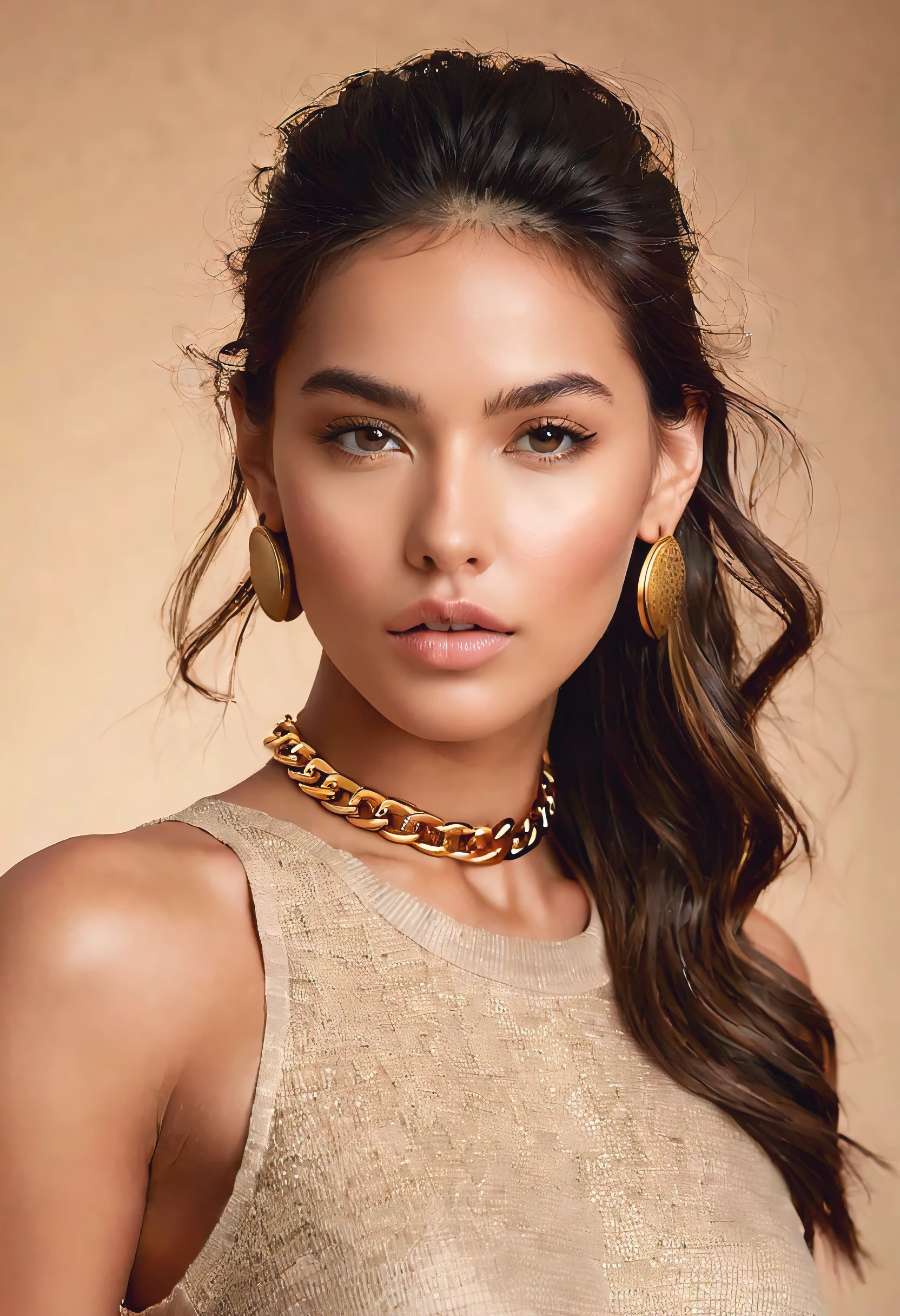The photograph showcases a close-up portrait of a young woman posed against a neutral-toned background that complements her complexion. The lighting is soft, diffused evenly to highlight the contours of her face without harsh shadows, suggesting the use of a broad light source or a reflector to achieve such balanced illumination. Her hair is swept to one side, styled to move with the wind, which adds a dynamic element to the image. The color palette is harmonious, with her tan outfit and golden accessories creating a warm, monochromatic effect.
She's adorned with bold, statement jewelry—a large golden link chain as a choker and chunky lettered earrings, both contributing to a luxe aesthetic. Her finger, placed gently against her lips, draws attention to her face, which is the clear subject of the composition. She wears a broad, studded cuff on her wrist that echoes the style of the necklace, and her expression is contemplative, with her gaze slightly averted from the camera, inviting viewers to ponder her thoughts.
Technically, the depth of field is shallow, keeping her features in sharp focus while softly blurring the background, which suggests the use of a lens with a wide aperture. The composition employs a tight framing that captures the model from the chest up, emphasizing her expression and the fine details of her accessories. The overall effect is one of understated elegance and high-fashion sensibility.
The background is blurred, with hints of an outdoor setting that could be a beach or desert landscape, allowing the viewer to focus on the details of his ensemble and the laid-back confidence he exudes.