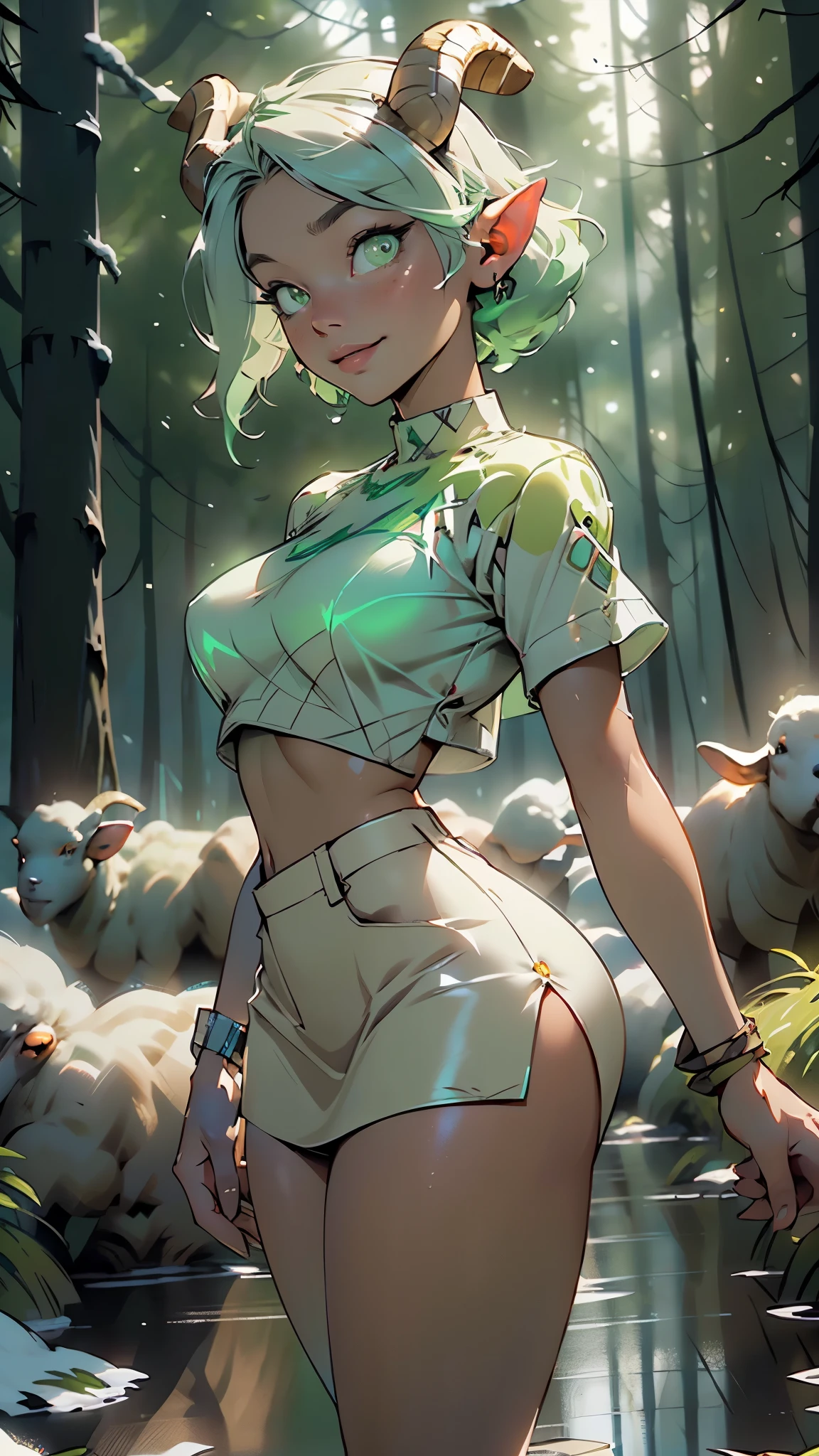 ((Sheep girl, sheep horns)),girl((with sheep's horns:1.5)),weresheep, (monster girl),Cute young woman,

(large breasts:1.4),((short hair tan fluffy, hair tan floppy)),(((light_green_eyes:1.3))),intricate eyes,beautiful detailed eyes,symmetrical eyes,sparkling green eyes,((((lustrous skin:1.5,tanned skin,bright skin: 1.5,skin tanned,shiny skin,very shiny skin,shiny body,Reflective skin)))),(spider lower abdomen,narrow waist,wide hip,athletic body,inflated legs,thick thighs,(detailed face)),beautiful detailed lips,

(cute,slutty,sensual,seductive look,seductive,((erotic)),opulent,sumptuous,longingly,((nsfw))),

((white crop top tan miniskirt)),

(dynamic pose:1.0),happy smiling,(centered,scale to fit dimensions,Rule of thirds),

((snowy pine forest at night, dark forest, swamp, murky water, foggy, creepy aura, eerie atmosphere)),with dark stormy clouds,winter,scenery:1.25,intricate scenery,((snow forest background)),

(Glossy winter ornaments),highres,sharp focus,(ultra detailed,extremely detailed),(photorealistic artwork:1.37),(extremely detailed CG unity 8k wallpaper),(((vibrant colors,vibrant theme))),(intricate),(masterpiece),(best quality),artistic photography,(photography taken by sldr),(intricate background),perfect rendered face,perfect face details,realistic face,photo realistic,((intricate detail)),(((realism))),
