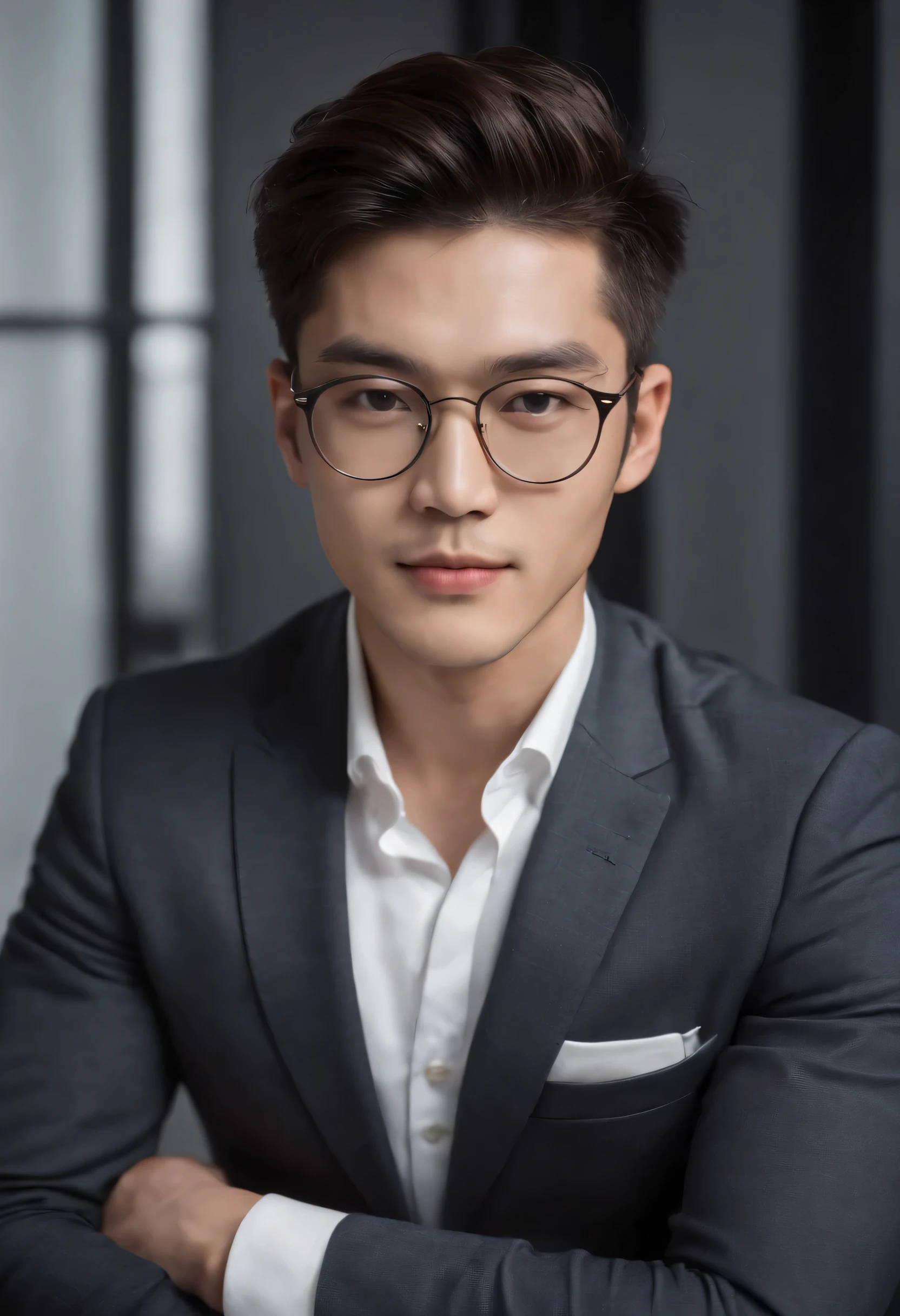 Portrait of a man in a suit, young handsome korean man, with Rayban glasses, Elegant and charismatic, Has a stage backdrop, Digital SLR, monochrome, S1000 series, C3, half body photoshoot