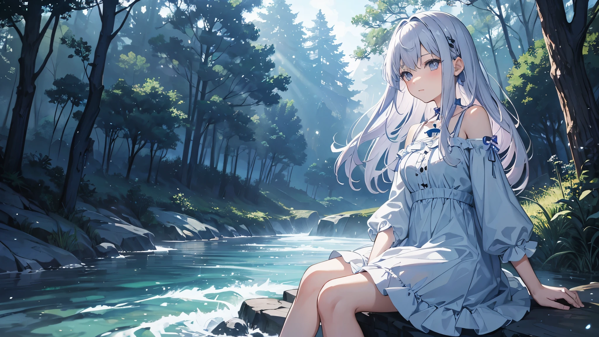a very dark night, Anime Girl, light blue dress, white with a hint of light purple hair, sitting by the river, forest, darkness, nature, current, the grass glows blue.