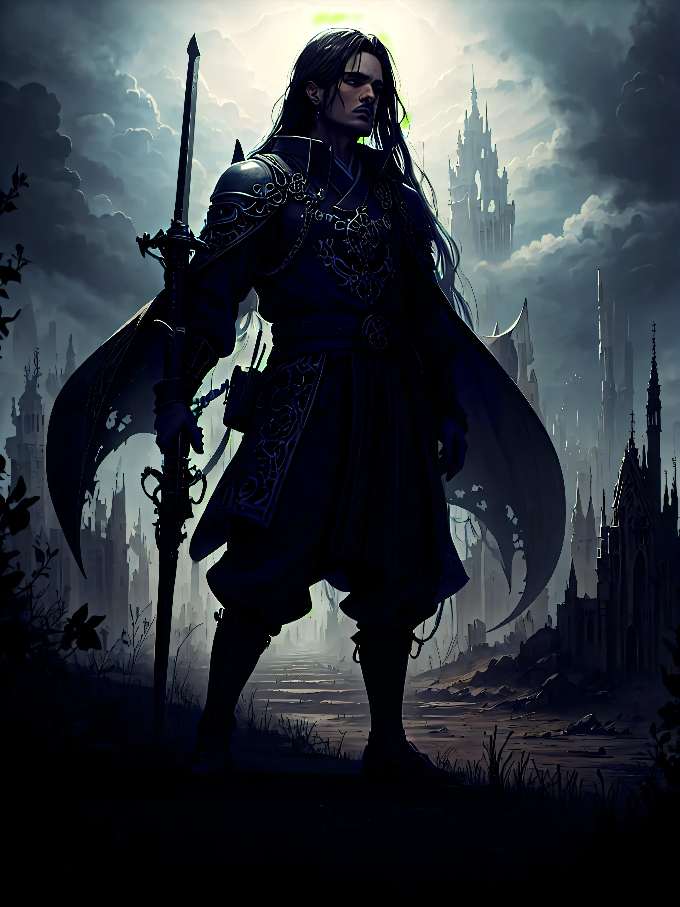 a man, long black hair, swordsman, black kimono, top of a mountain, manipulating darkness