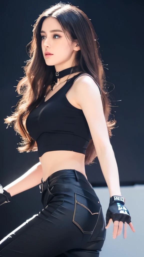 A long wavy black haired mexican girl, blue eyes, 15 years, young, pale skin, slender body, small breast, tiny chest, Ultra high res, uhd, (photorealistic:1.4), doll-like face, wearing black sleeveless tight shirt and long baggy pants, neck chocker, gloves, playing bass, performing on a stage
