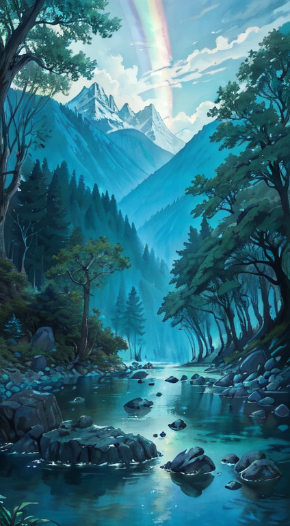 (masterpiece, best quality, high quality, high resolution:1.4), detailed, Extremely detailed, ambient soft lighting, 4K, outdoor,rainbow, (nature, Oak Forest:1.2), (rock:1.2), Mountains, Flowers, plant,