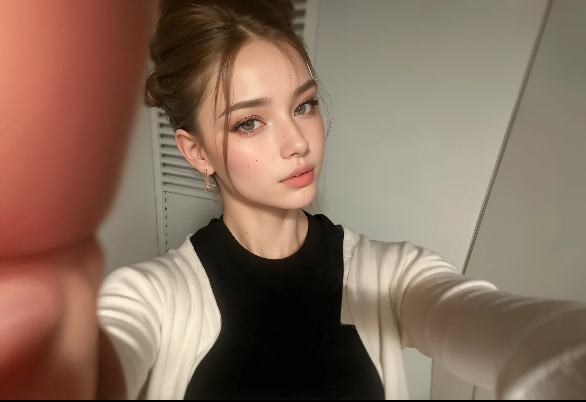 portrait of a woman with headphones on her head, Sophie Mudd agrees, with headphones, 18 years old, beautiful Delfina, Yelena Belova, Angelina Stroganova, brunette with dyed blonde hair, 🤤 portrait of, 2-year-old female model, Yulia Gorokhova, Instagram model (best quality,4k,8k,highres,masterpiece:1.2), ultra-detailed, (realistic,photorealistic,photo-realistic:1.37), portraits, beautiful detailed eyes, beautiful detailed lips, extremely detailed eyes and face, long eyelashes, soft lighting, vibrant colors, professional, studio lighting, close-up of face, subtle smile, elegant pose, vibrant and diverse skin tones, glamorous makeup, glossy finish