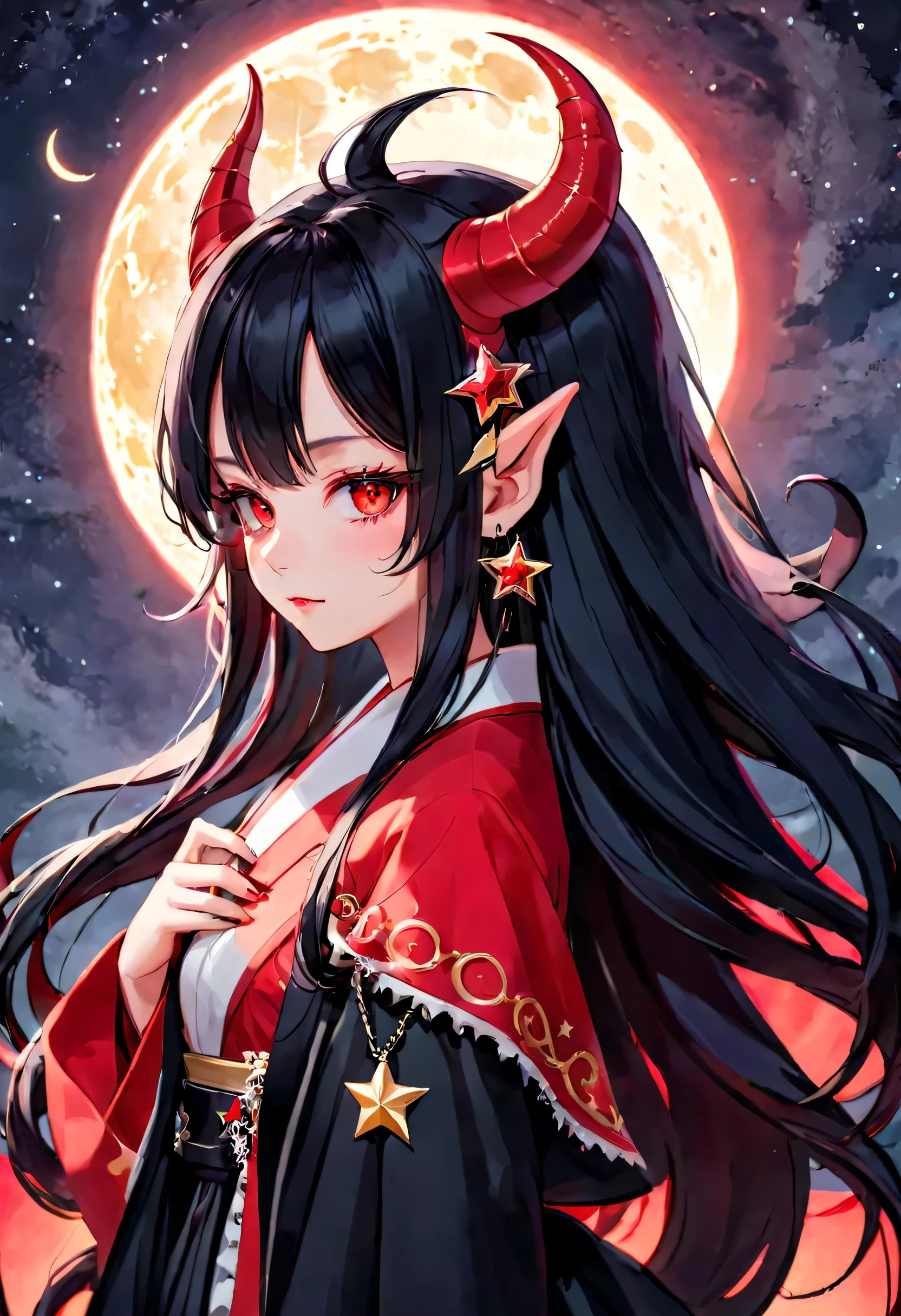 A demon girl has devil horns and eyes, the right side is black and the left is red, has long black hair and wears royal clothes and and wearing moon and star shaped hairpins