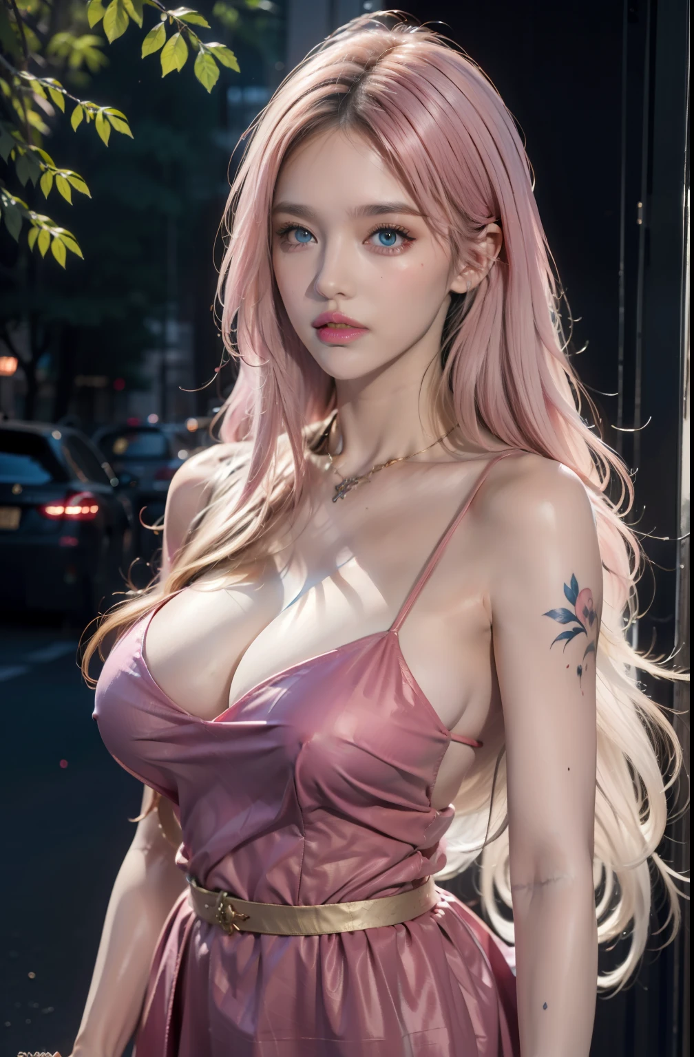 4k ultra hd, photorealistic, high resolution,a stunning beautiful girl, big breasts, long hair, a girl, good face, detailed eyes, detailed lip, 1women, shining skin, solo, tattoo, jewelry, (((pink lips, long while hair, blue eyes))), closed mouth, street wear, hips up, red dress, red dress