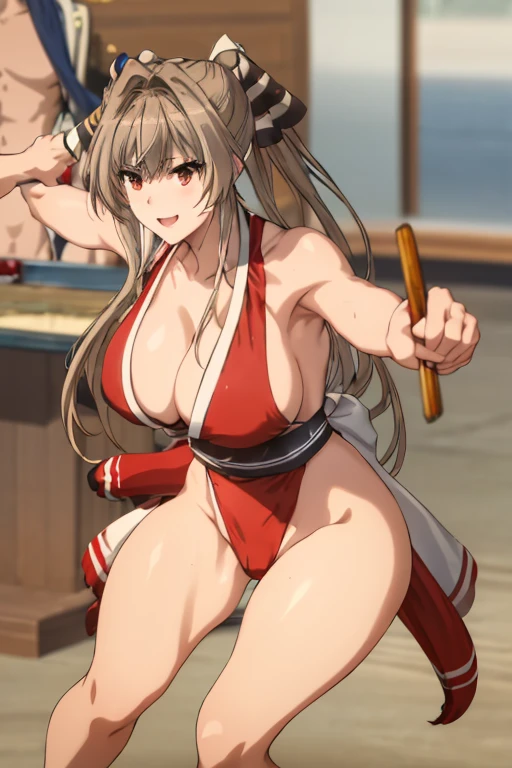 masterpiece, best quality, beautiful art, high resolution, well formed hands, body and fingers, 1 woman, solo, Sento Isuzu, adult, hair ornament, big breasted, cleavage, full body, long hair, hair ornament gorgeous legs and thighs, cosplaying as Mai Shiranui , she is fighting in a combat match at a martial arts tournament, she is getting ready to fight, making her guard pose, action and fighting scene, about to hit the viewer, looking at the viewer, sweating , feeling confident and proud, smiling joyfully and happily, charming her opponent with her beauty, bouncing breasts, fighting scene, martial arts tournament on the beach