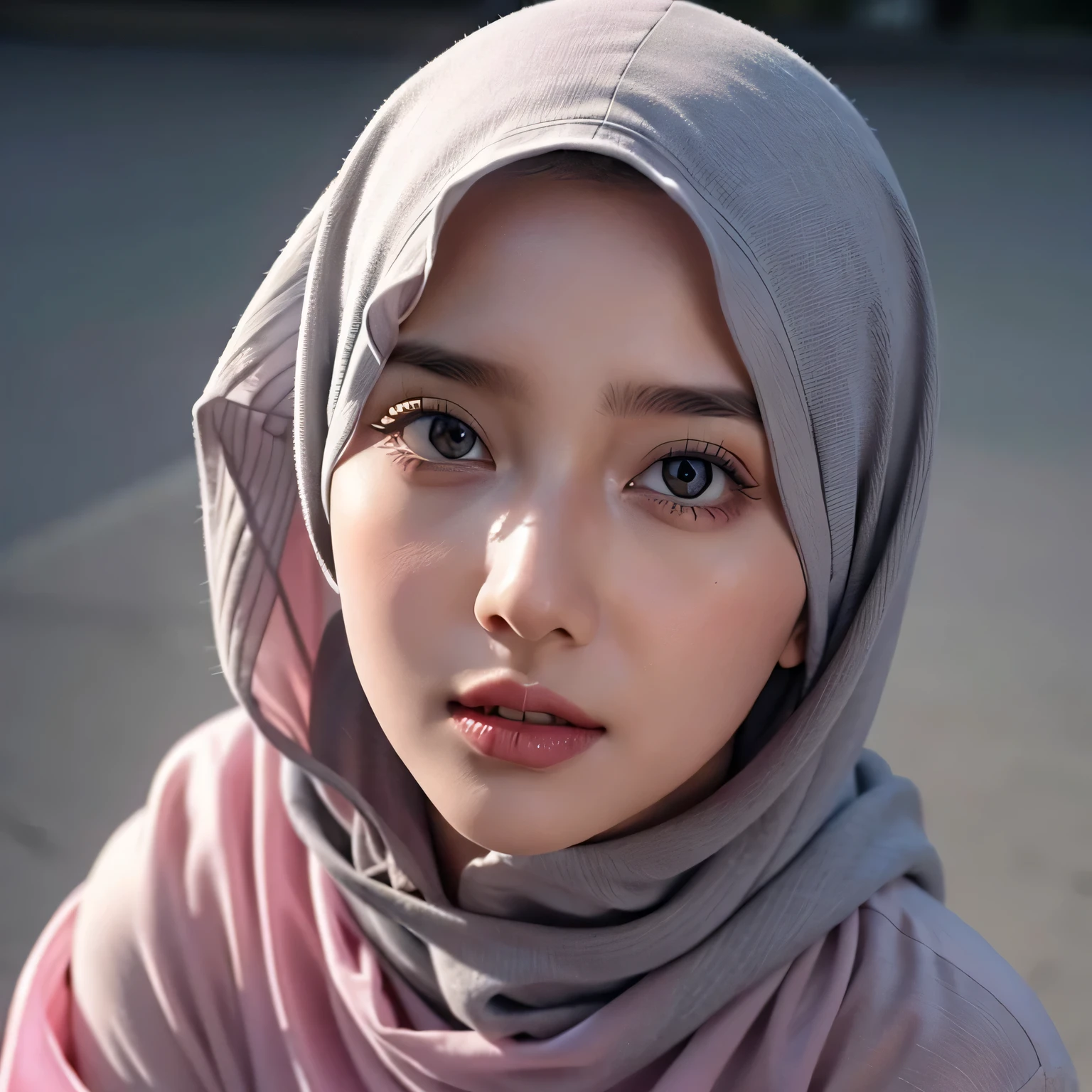 Realistic photo,wearing dress and long hijab grey colours, look from above, hyperrealistic, masterpiece, sweet ekspresion, melancholy , closeup photo, bright eyes, sexy lips, detailed makeup, detailed eyes cornea, wearing hijab no hair looks, blush pink cheek, outdoor background, breast
