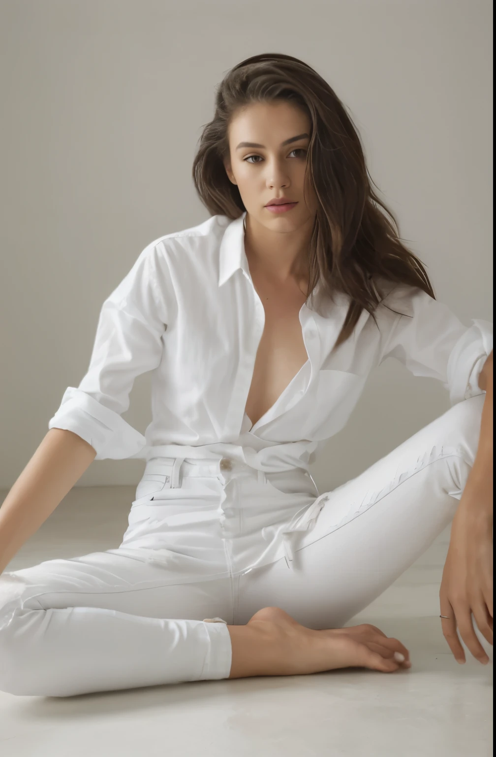 arafed woman sitting on the floor in a white shirt and jeans, white shirt and jeans, wearing a shirt and a jean, clothed in white shirt, by Silvia Pelissero, by Jorge Velarde, white shirt and blue jeans, by Luis Miranda, photo of slim girl model, wearing a white button up shirt, editorial model