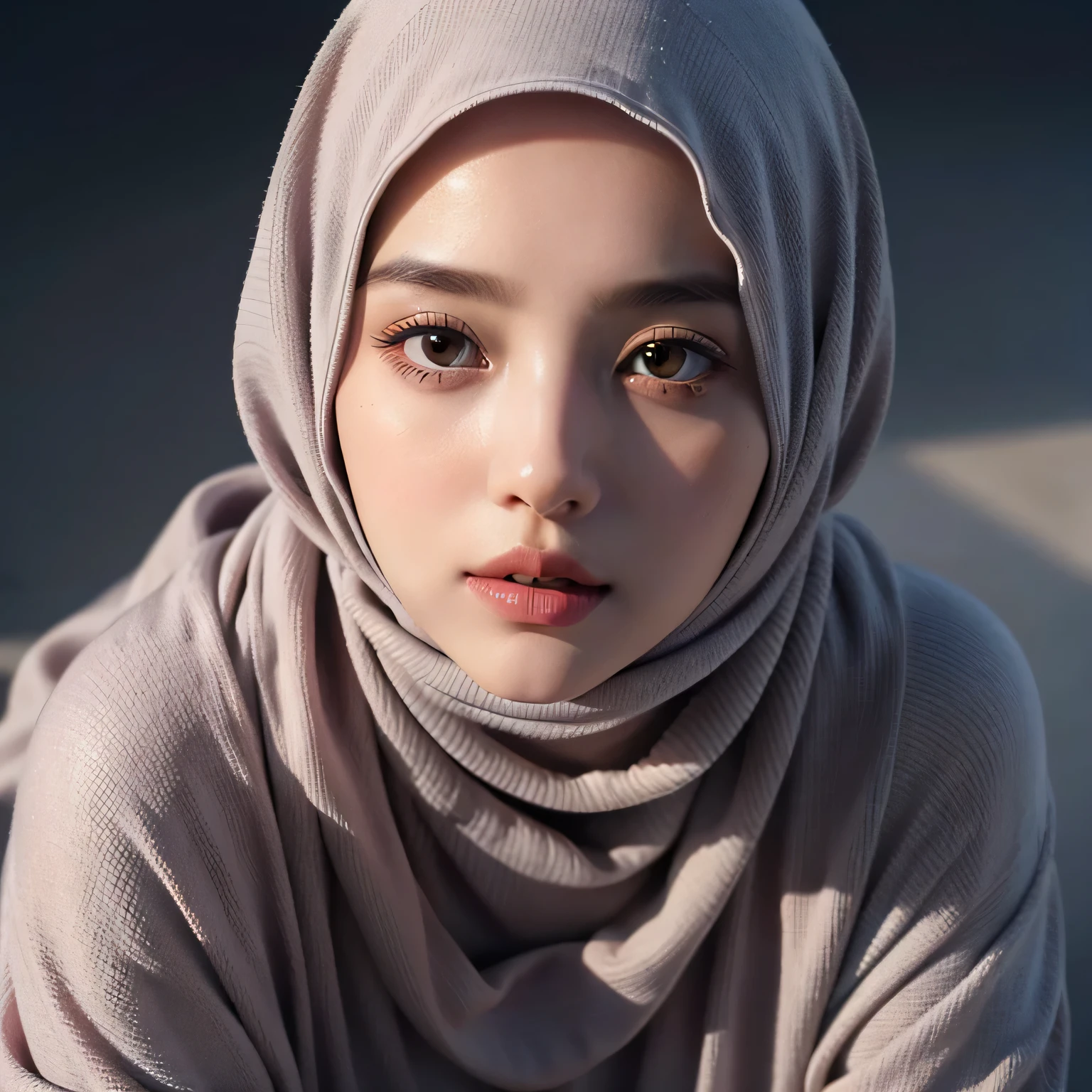 Realistic photo,wearing dress and long hijab grey colours, look from above, hyperrealistic, masterpiece, sweet ekspresion, melancholy , closeup photo, bright eyes, sexy lips, detailed makeup, detailed eyes cornea, wearing hijab no hair looks, blush pink cheek, outdoor background, breast