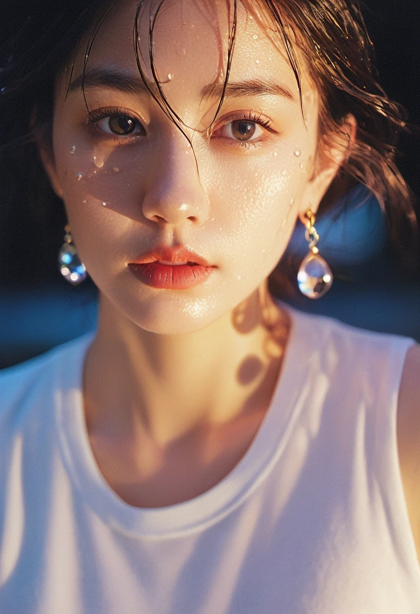 xxmixgirl, 1girl wet tshirt water drops, splash detailed, surreal dramatic lighting shadow (lofi, analog), kodak film by Brandon Woelfel Ryan McGinley