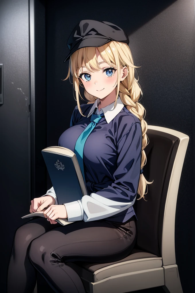 (((grayscale)))(masterpiece:1.2, best quality), (graffiti wall:1.15), 1lady, beanie, jacket, Leggings, blue eyes, fullbody,a picture of an anime female in a blue uniform and tie holding a book, 1girl, solo, necktie, hat, blonde hair, breasts, shirt, blue eyes, sitting, blue necktie, braid, smile, looking at viewer, white shirt, long hair, large breasts, twin braids, collared shirt, pants, chair, black headwear, blush, shirt tucked in