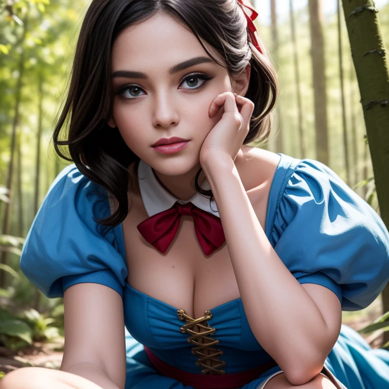 Masterpiece, best quality, detailed face, Snow White, long blue dress with white collar, blue and puffy sleeves with red slashing, yellow skirt, laced petticoat, high-heeled shoes with a bow-like ribbon on each of them, red ribbon on her hair, black hair, looking at viewer, sexy smirk, in a forest, close up