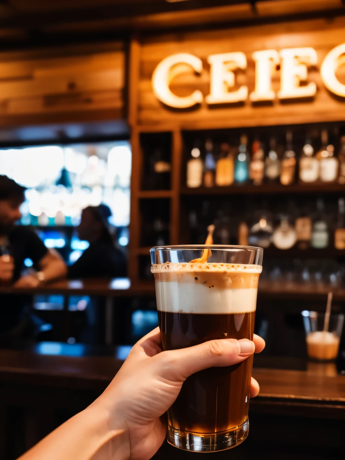 POV: Drinking a cofee in a bar. Cofee in hand