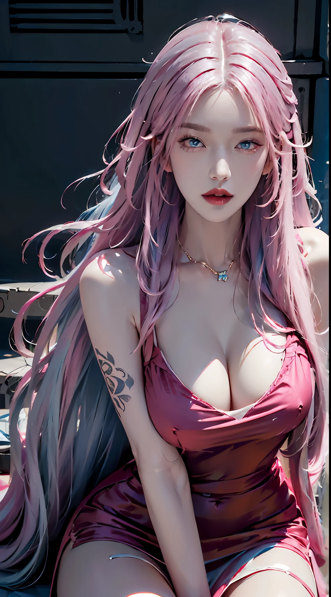 photorealistic, high resolution, 1women, shining skin, solo, tattoo, jewelry, (((pink lips, long while hair, blue eyes))), closed mouth, street wear, hips up, red dress, red dress
