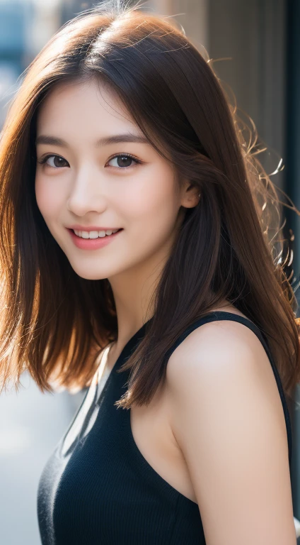 ((best quality, 8k, masterpiece :1.3)), 1 Girl, Smile, whole body, Thin face, pretty Woman, (Dark brown hair), Long Dress :1.1, Ultra-fine face, Delicate eyes, double eyelids, Blurred Background, Thin face, City, external, street,
