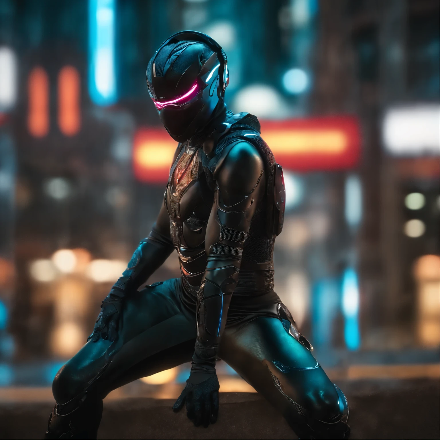 (Best quality, 4k, 8k, highres, masterpiece: 1.2), ultra-detailed, realistic, physically-based rendering, futuristic ninja, (Three Point Landing pose:1.8), neon lights illuminating the cityscape, advanced technology integrated into every detail, shiny metallic armor reflecting the vibrant colors, glowing cybernetic eyes radiating an intense light, acrobatic poses defying gravity, sleek black attire blending seamlessly with the darkness, urban cyberpunk background filled with towering structures and holographic advertisements, sharp focus capturing every intricate line and texture, professional artistry showcasing every detail in vivid colors, bokeh effect adding depth