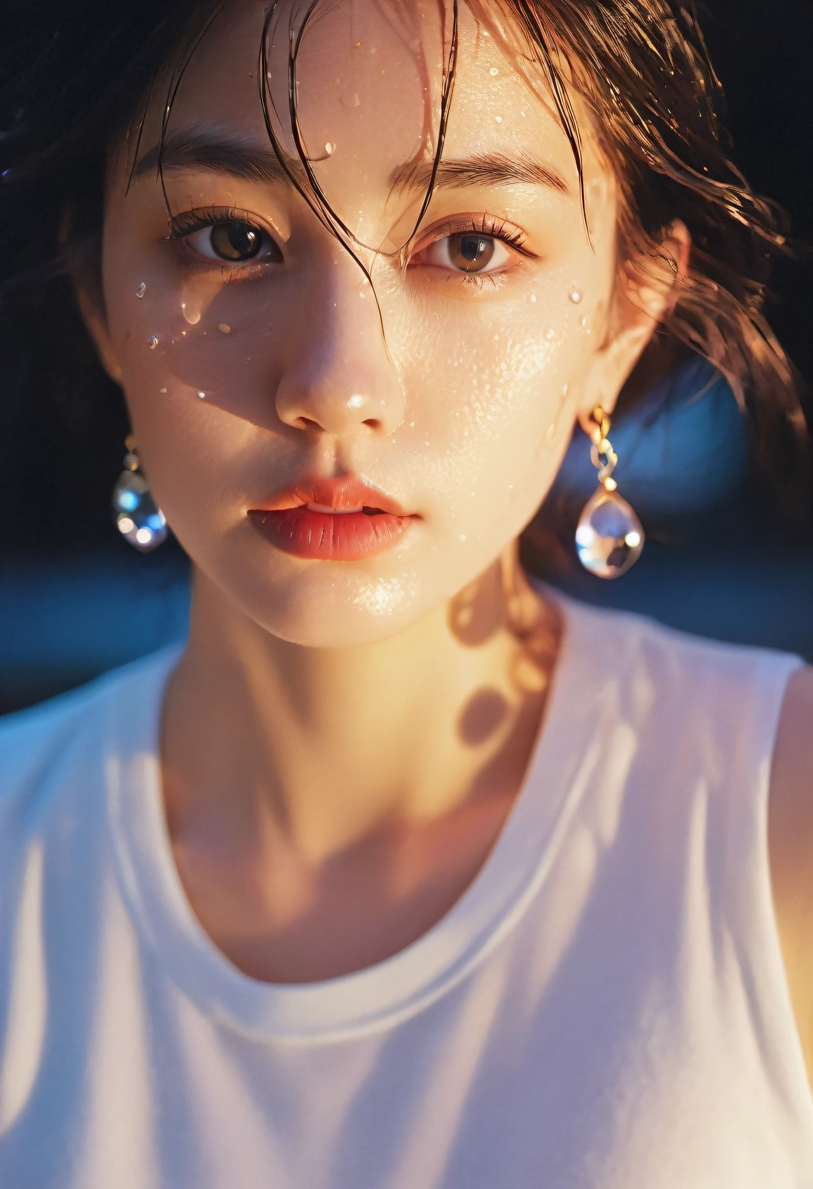 xxmixgirl, 1girl wet tshirt water drops, splash detailed, surreal dramatic lighting shadow (lofi, analog), kodak film by Brandon Woelfel Ryan McGinley