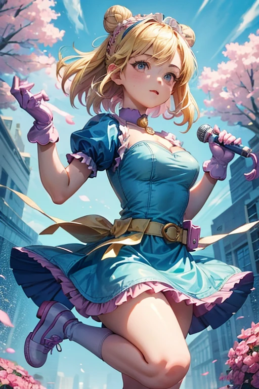 piperBS, 1girl, blonde hair, hair bun, blue dress, puffy sleeves, short sleeves, pink gloves, fingerless gloves, pink belt, shoes, blue footwear