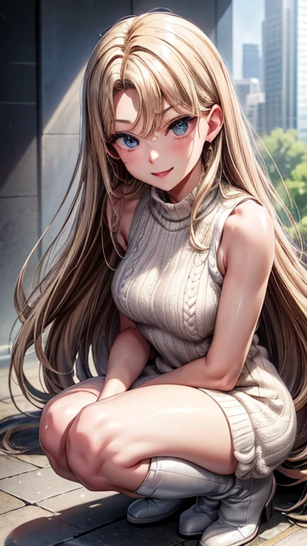 (8k, 超high resolution, best quality, Fragments flying:1.2),(26 years old:1.2)、(A bright smile)、(Look away)、8k、Japanese girl original portrait、超high resolution、best quality、 (Small Breasts:1.5),(sleeveless knitted dress:1.5)、(From below:1.2)、Walk、Support your chest with your hands、(panty shot:1.2)、(City:1.4) Blake (Natural skin texture、delicate skin、Surrealism、super sharp)、Intricate details、Written border depth、idol sculpture、Actress model pose、 Miss、、Black long hair、Rear view、Beautiful ass、Star film、best quality、high resolution))、(1 girl)、(Practical:1.4)、Solitary、shut your mouth、a happy expression、smile happily、beautiful brunette、big eyes、Transparent double eyelids、eyelash、stick out ears、long neck、absolute area、Beautiful collarbone、perfect face、Bangs、きれいなBangs、Thin lips、White skin、Small face、The face becomes smaller、Draw all the heads、Look slightly upwards at the camera、(Look at the audience、eyes highlights、Light brown eyes、Lip gloss chest bulge、squat、White boots、
