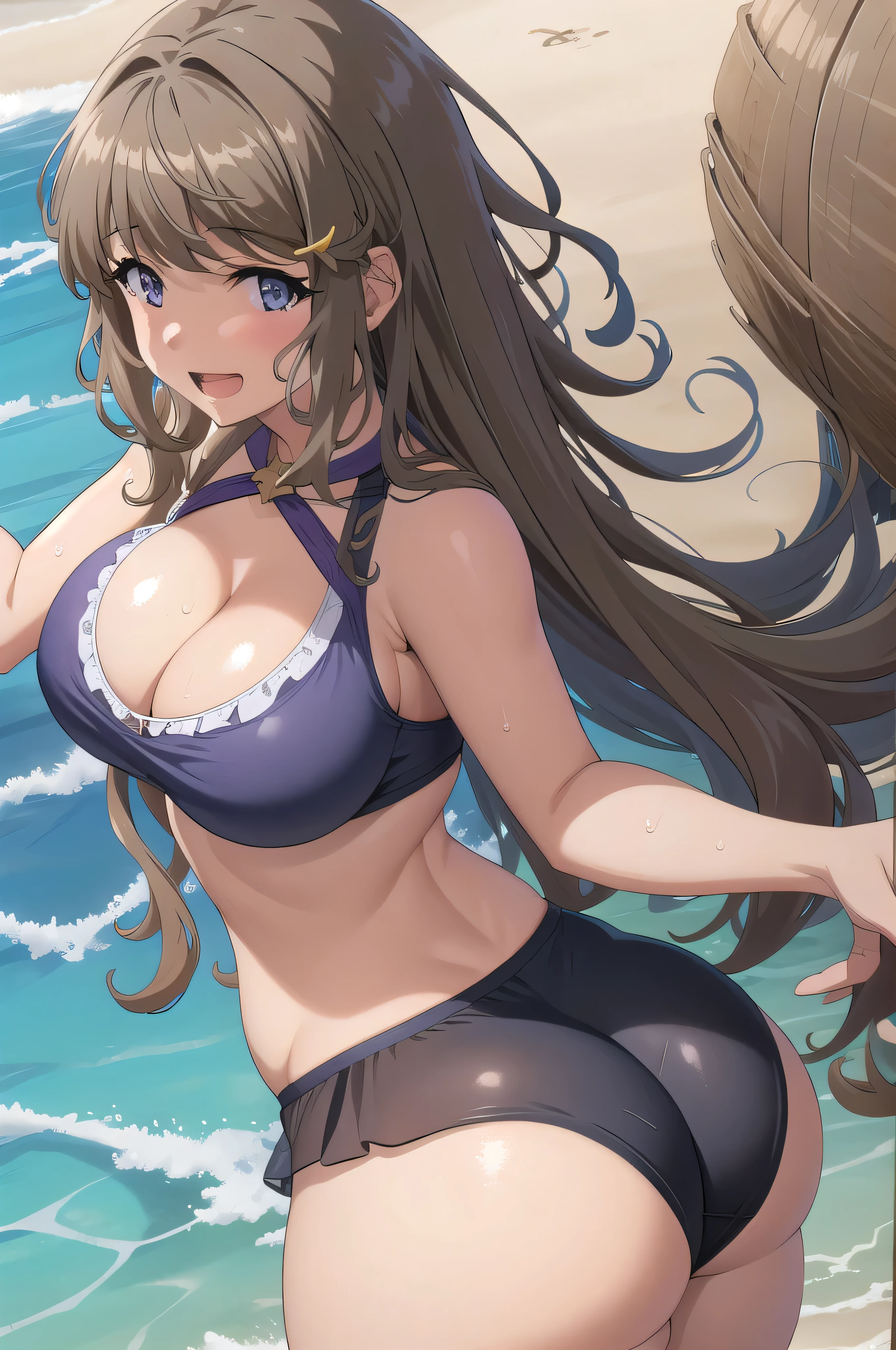 ((masterpiece)),(best quality),official art,extremely detailed CG,unity 8k wallpaper,ultra detailed, best quality, (masterpiece:1.2), highly detailed, adult, 18, sunny, beach, ocean, water, sand, waves, palm trees 1girl, solo, looking at viewer, large breasts, smile, open mouth, cleavage, purple bikini, curvy, wet, huge breasts, thick thighs, big ass, cameltoes, nipples hard, see through top, wet breasts, big butt, bug ass, backside shot, bent forward, poking ass out, rear pov