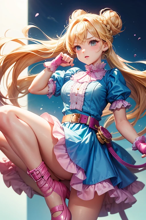 piperBS, 1girl, blonde hair, hair bun, blue dress, puffy sleeves, short sleeves, pink gloves, fingerless gloves, pink belt, shoes, blue footwear