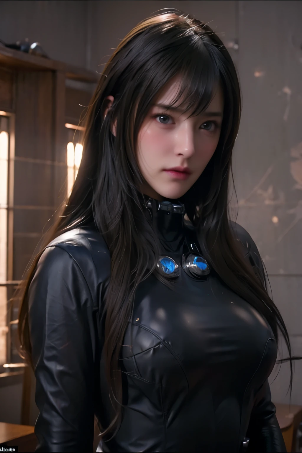 put hands cheek,(embarrassed face:1.4),(blush:1.4),reika\(gantz black suit\), (8k, best quality, masterpiece:1.2), (realistic, photo-realistic:1.37), large breasts,ultra-detailed, 1 girl,cute, solo, sad, beautiful face, black eyes,in room,looking at viewer medium breast, show nipples, show vagina, open legs:1.5