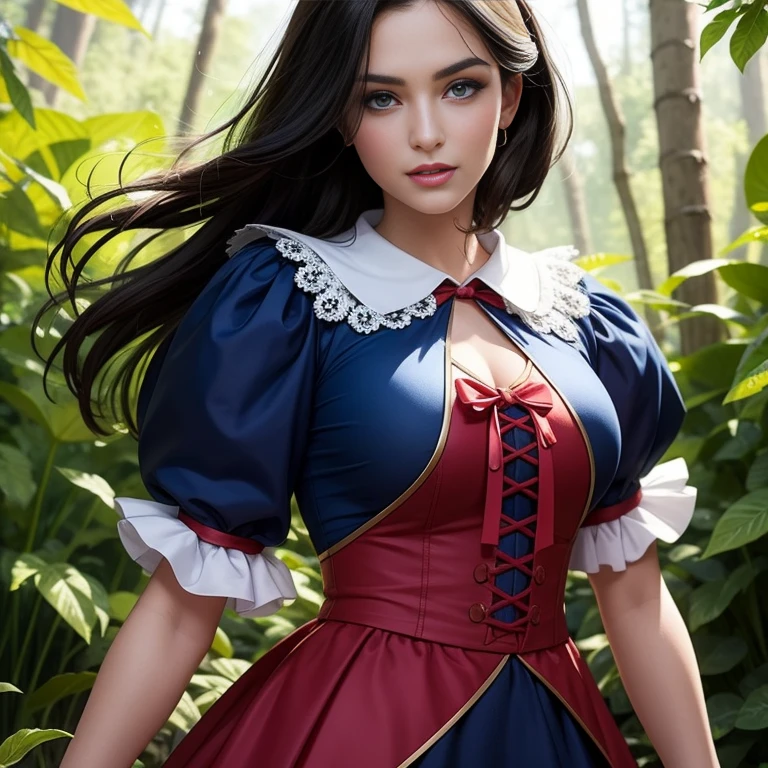 Masterpiece, best quality, detailed face, Snow White, long blue dress with white collar, blue and puffy sleeves with red slashing, yellow skirt, laced petticoat, high-heeled shoes with a bow-like ribbon on each of them, red ribbon on her hair, black hair, looking at viewer, sexy smirk, in a forest, close up