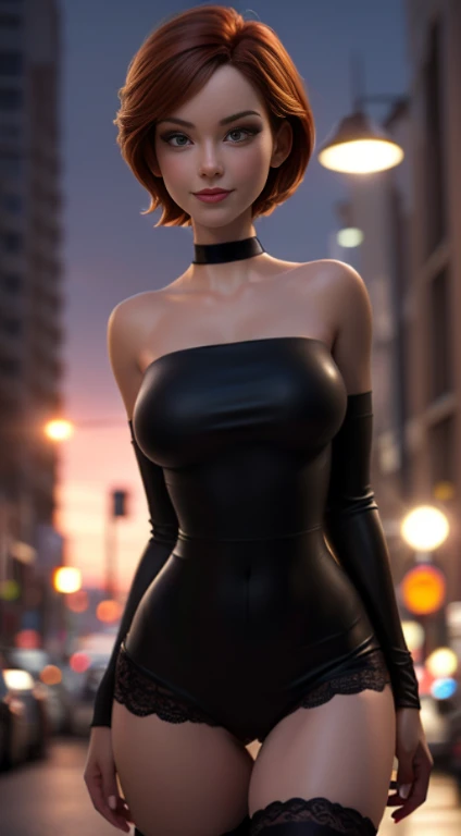 Very Low angle, Nude photo of elastigirl, (location is city street at night) (action is walking and posing) curvy, milf, athletic body, narrow waist, wide hips, large perky breasts, happy face, smiling, pussy, trimmed pubic hair, visible pussy, short auburn hair, thigh gap, ((wearing choker, black lace stockings)), RAW, beautiful woman, ((nude body)), ((detailed face:1.2)), ((detailed facial feature, detailed skin, clear skin), (perfect proportioned body), (naked), (realistic photo, best quality, detailed), (8k wallpaper), (cinematic lighting, dramatic lighting) (sharp focus, intricate)