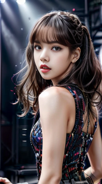 Virtual image,Realistic 8k portrait,hips up,Masterpiece,complete anatomy,Highly detailed,Excellent paint quality,girl lisa blackpink,(Lisa Black pink)(ใบหน้าที่มีHighly detailed))Beautiful and bright,Singing on the concert stage
