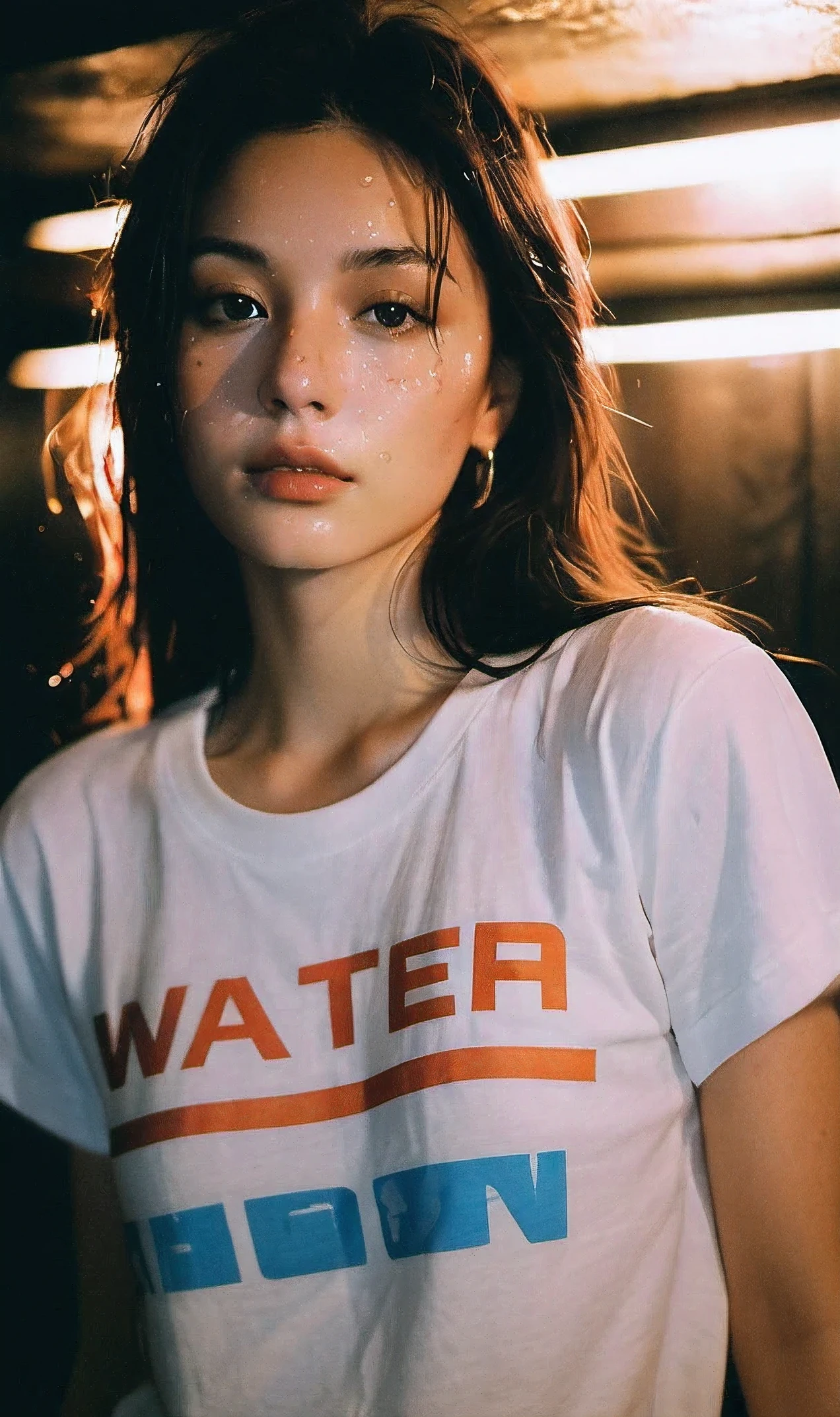 xxmixgirl, 1girl wet tshirt water drops, splash detailed, surreal dramatic lighting shadow (lofi, analog), kodak film by Brandon Woelfel Ryan McGinley