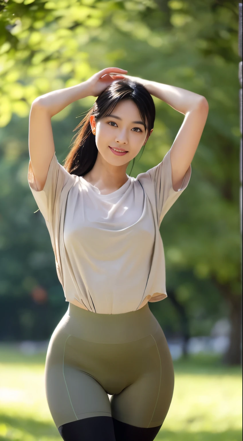 (Japanese),(26 years old), (Slender woman), (Beautiful breasts),double eyelid,Natural Makeup,Thin lips,smile,ponytail,Black Hair,(She is in the nature park),(She has small breasts),(She takes off her bra),(Her breasts are pointed and pointy), (((She wears a big olive-colored t-shirt))), ((She is wearing beige sports tights.)), (Realistic), (Ray Tracing), (Sharp focus), clavicle, (Detailed face), Natural and realistic skin texture, soft face,((Perfect Anatomy:1.4)),(A full view of her slender figure:1.3),(Fit clothing、Sweaty and damp T-shirt:1.3、Tights that fit your genitals and ass:1.3),((See her from a frontal perspective:1.5、See her from below:1.3)),(Tights that reveal the shape of female genitalia:1.5)