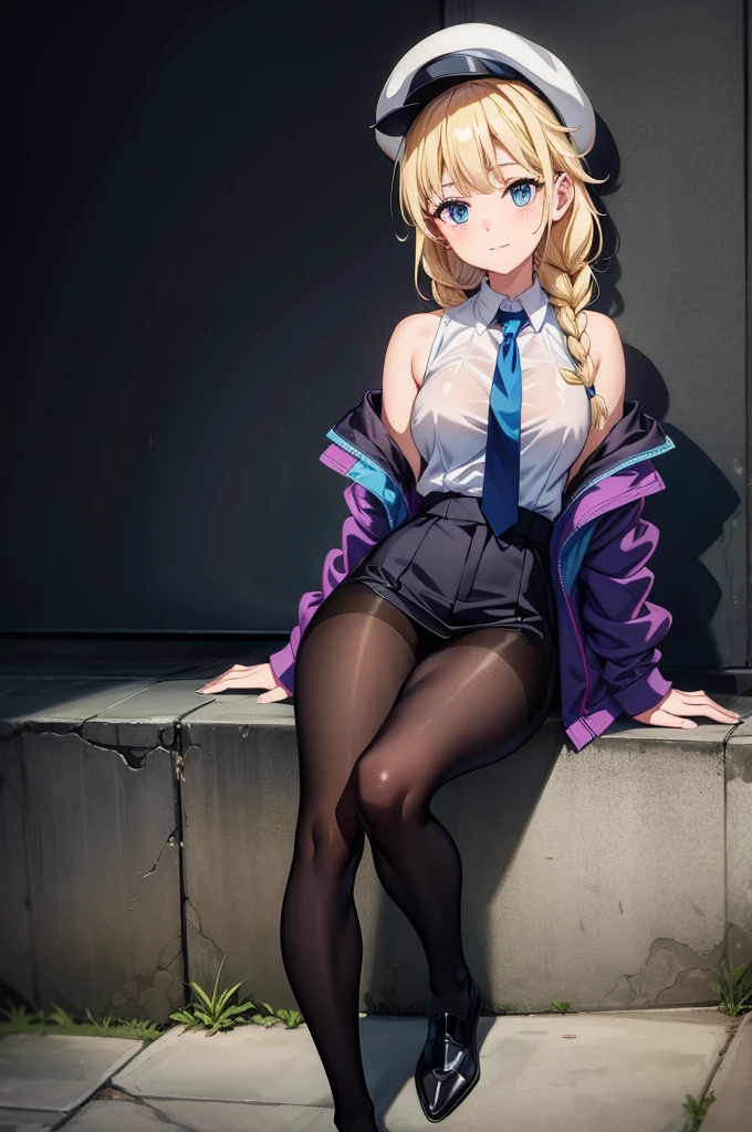 a girl in a outfit, pants and shirt standing on a wall for a photo, 1girl, blonde hair, solo, shirt, necktie, blue eyes, breasts, jacket, twin braids, white shirt, braid, off shoulder, large breasts, sitting, smile, pantyhose, looking at viewer, shirt tucked in, collared shirt, hat, black jacket, full body, blue necktie, black footwear, long hair, sleeveless, black pantyhose, closed mouth, open jacket