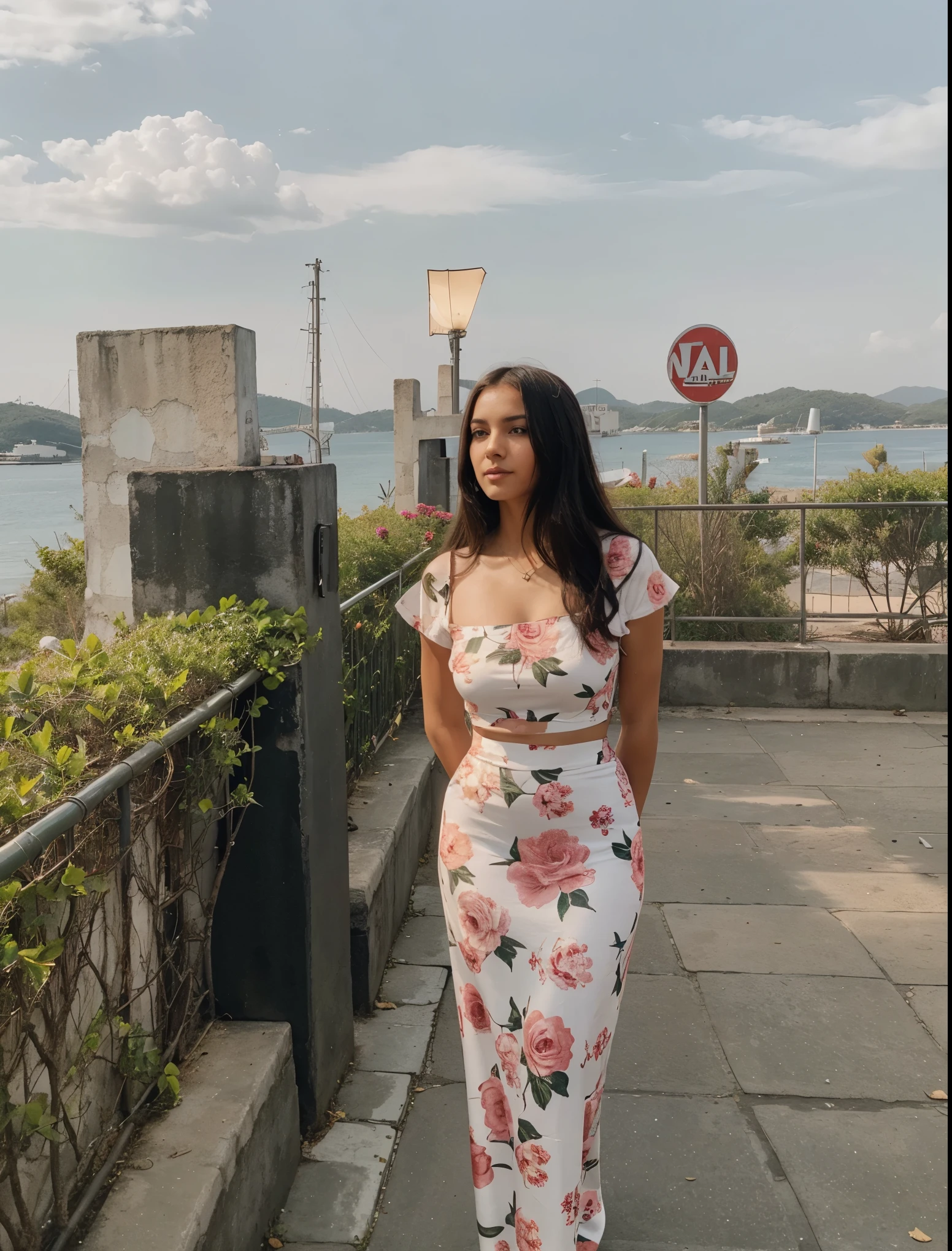 Make Larissa in this same pose wearing an identical outfit in an identical setting, cabelo preto