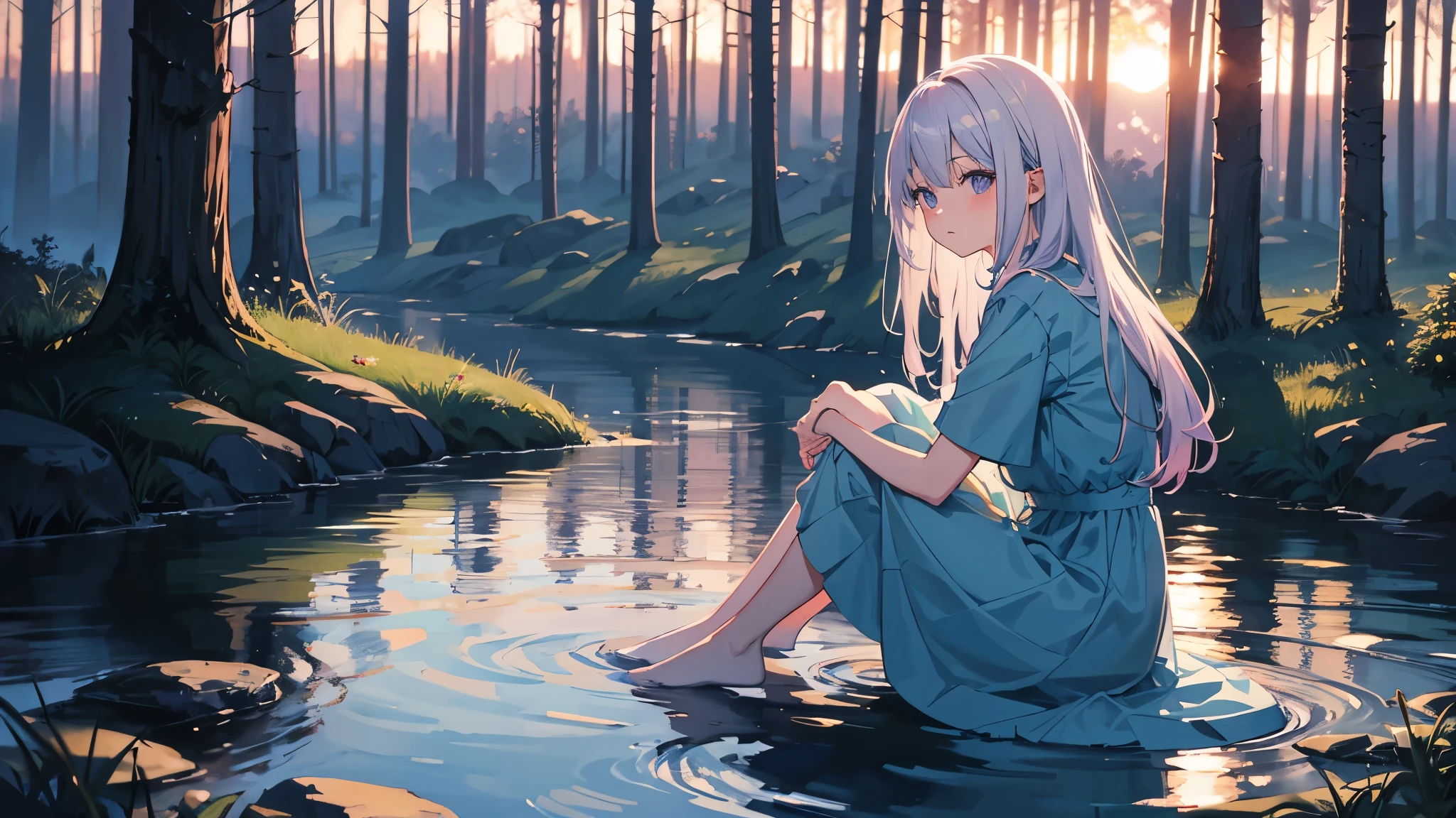 sunset, Dark colors, Anime Girl, light blue dress, white with a hint of light purple hair, sitting by the river, forest, nature, current, the grass glows blue.