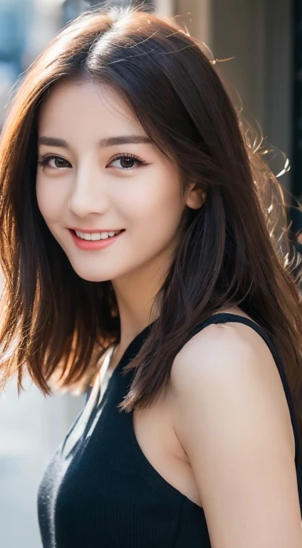 ((best quality, 8k, masterpiece :1.3)), 1 Girl, Smile, whole body, Thin face, pretty Woman, (Dark brown hair), Long Dress :1.1, Ultra-fine face, Delicate eyes, double eyelids, Blurred Background, Thin face, City, external, street,