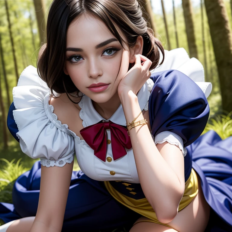 Masterpiece, best quality, detailed face, Snow White, long blue dress with white collar, blue and puffy sleeves with red slashing, yellow skirt, laced petticoat, high-heeled shoes with a bow-like ribbon on each of them, red ribbon on her hair, black hair, looking at viewer, sexy smirk, in a forest, close up