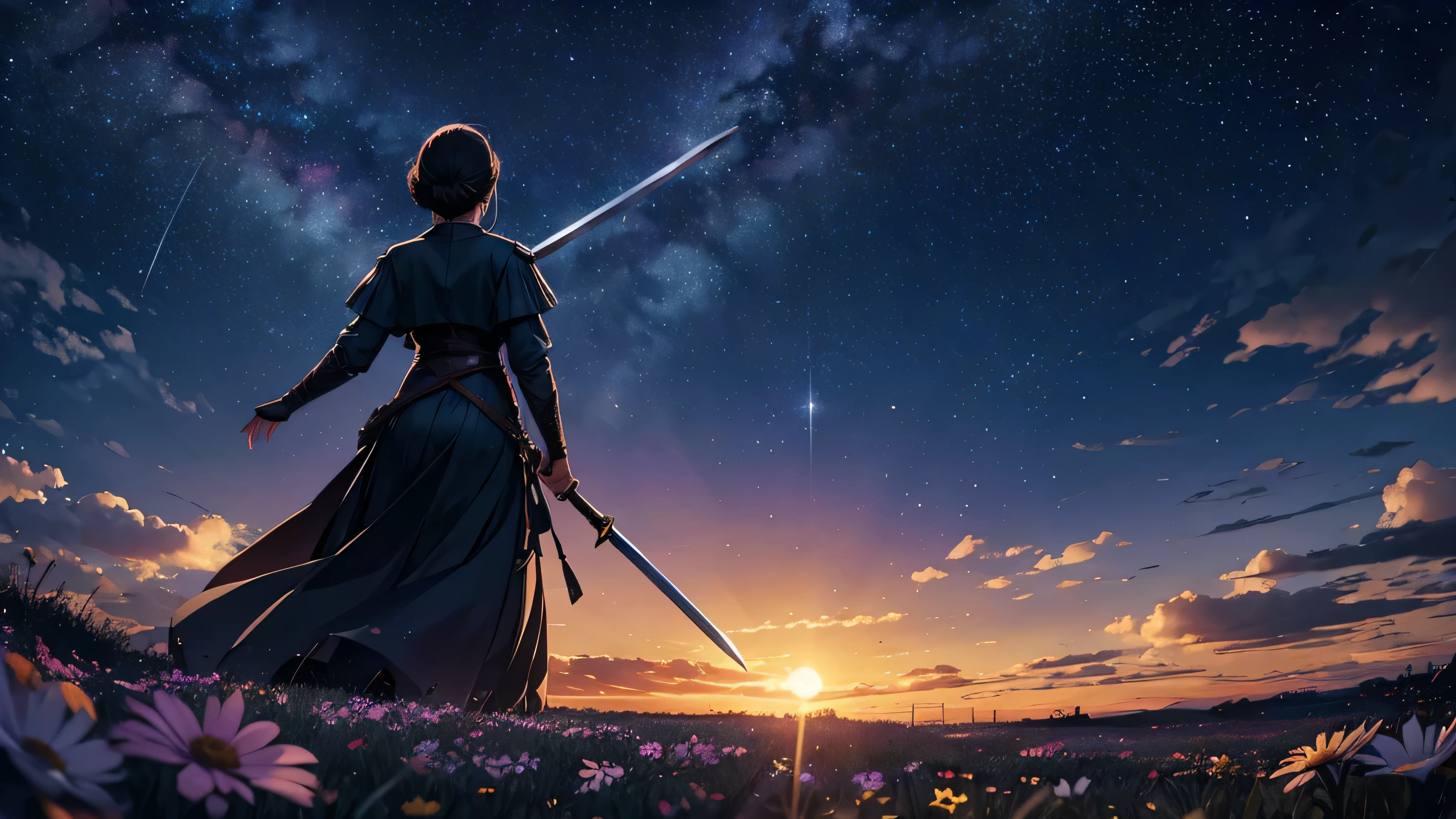 A beautiful grass field with a few flowers, there's a starry night sky with clouds, a silhouette of a woman carrying a sword, we see her from her back