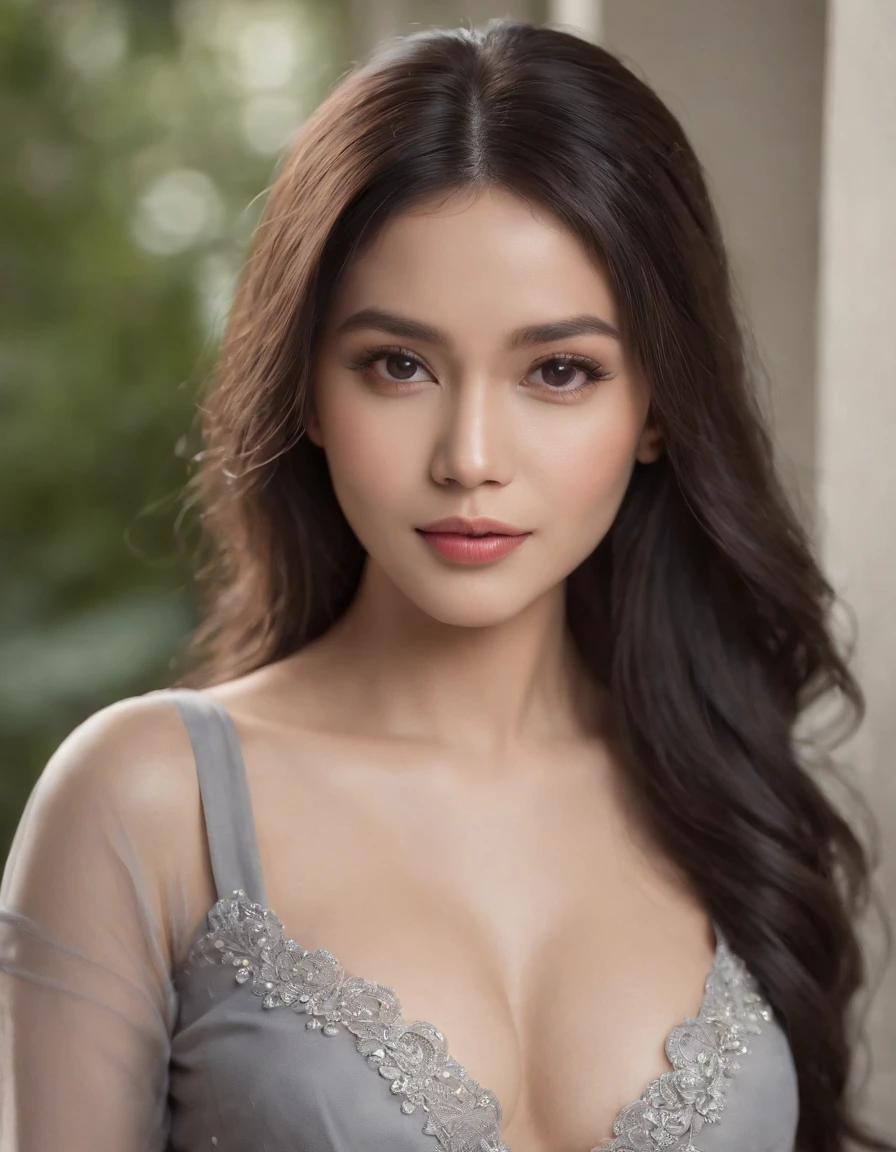 RAW, Best quality, high resolution, masterpiece: 1.5), beautiful Malay woman ,(random result), (RAW style, masterpiece, best quality, highres, unreal engine,) gray tighy short mini gray outfit, long black hair , malay super sexy beauty, facing front, damp, cleavage, sexy curvy body, full body waist up pose , pose 1.4 to camera , various shot angle